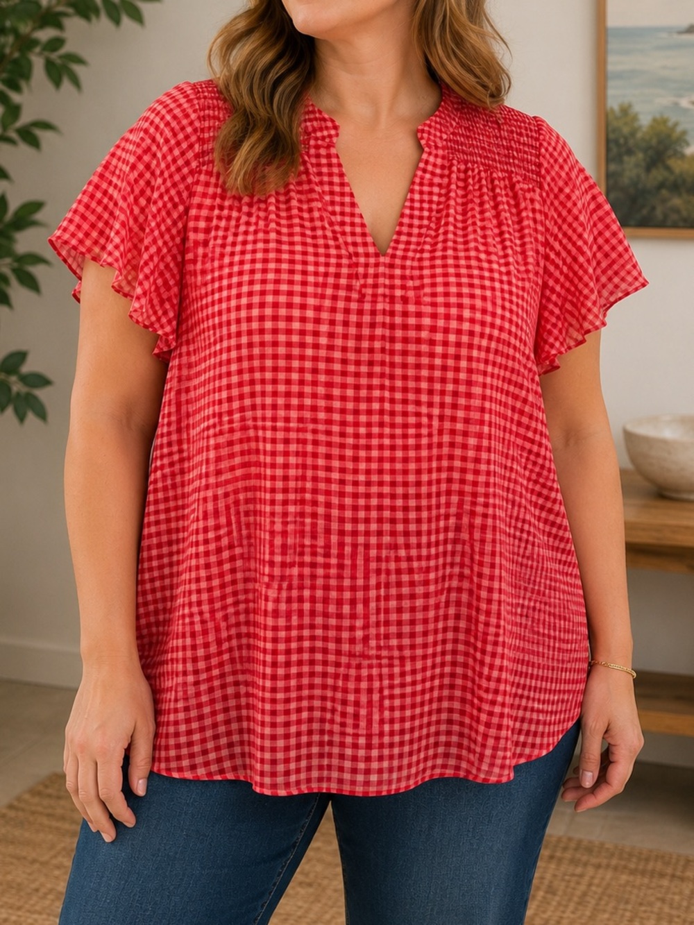 Penningtons 1X Pink Magenta Gingham Flutter Sleeve Lined Blouse V-Neck Top